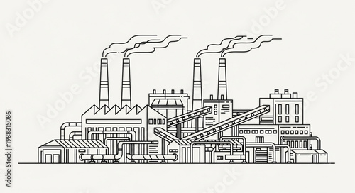 Industrial Factory Building with Smoke Stacks Emitting Pollution.