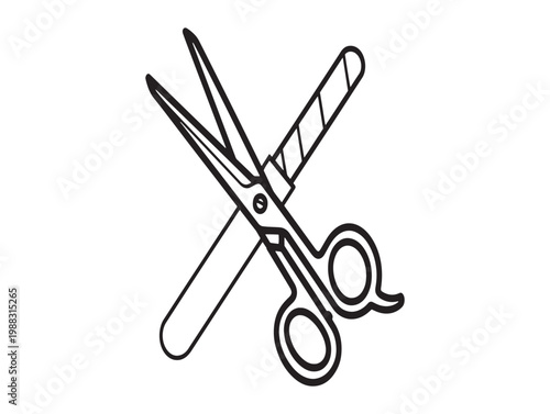 Black and white illustration of crossed scissors and a nail file