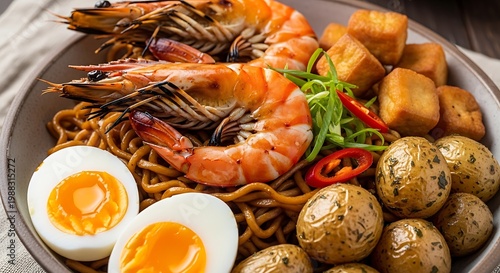 Delicious seafood dish with shrimp eggs potatoes and noodles on plate