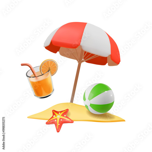 3d hello summer icon, isolated on white background. Beach chair with sea star fish. beach ball and glass of orange juice cocktail,icon in 3d vector