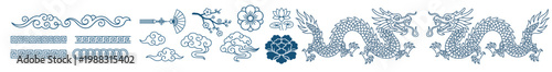chinese dragon ornament icon set, asian traditional pattern decoration cloud wave floral border mythology symbols collection on transparent background