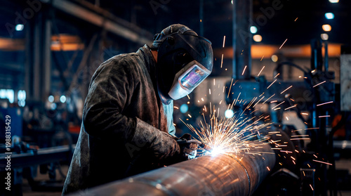 Welder welding metal factory spark protective helmet Industrial welder welding metal pipe factory workshop, bright spark