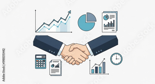 Business handshake with financial charts and calculator illustration.