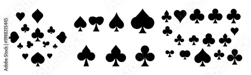 Black silhouette, white background: card suits set with simple line art design featuring outline, illustration, graphic elements with clean design and vector art