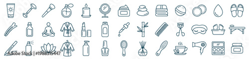 beauty spa line icon set, cosmetic skincare wellness treatment salon care hygiene massage therapy product symbols collection on transparent background