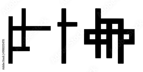 Crossword puzzle set with black silhouette crossword grid on white background featuring crossword, puzzle, line art, simple design with illustration and vector