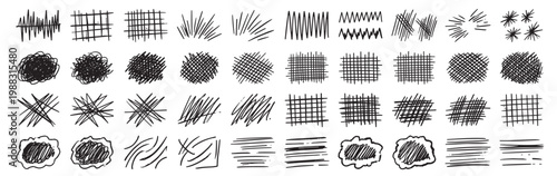 handdrawn brush texture set, scribble sketch stroke line grunge abstract doodle pattern hatch crosshatch shading elements collection on transparent background