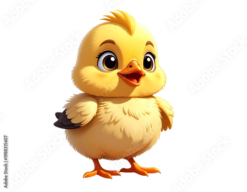 Chick cartoon character in bright yellow puffed plump feathery chick with cute expression