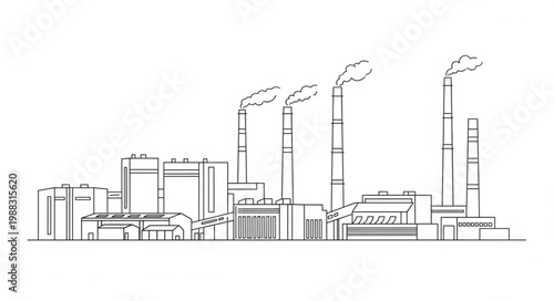 Industrial factory with smoking chimneys in a line drawing style.