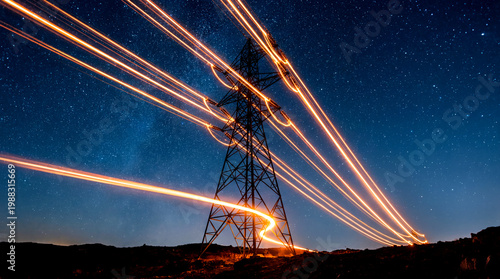 Power line electricity transmission tower light trail night sky star infrastructure power grid scene with glowing long