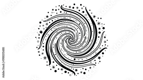 Intricate swirling galaxy with cosmic dust and star formations in black and white Vector