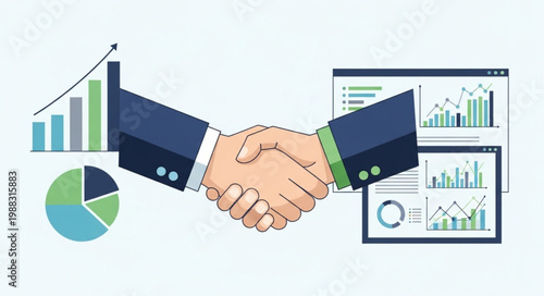 Businessmen shaking hands with financial charts and graphs illustration.