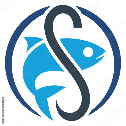 Vector graphic of a fish hook with a blue fish inside a circular logo design