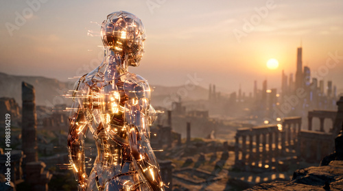 A robot with a golden body made of countless small details and glowing elements stands against a backdrop of a ruined city and setting sun. A futuristic post-apocalyptic illustration.
