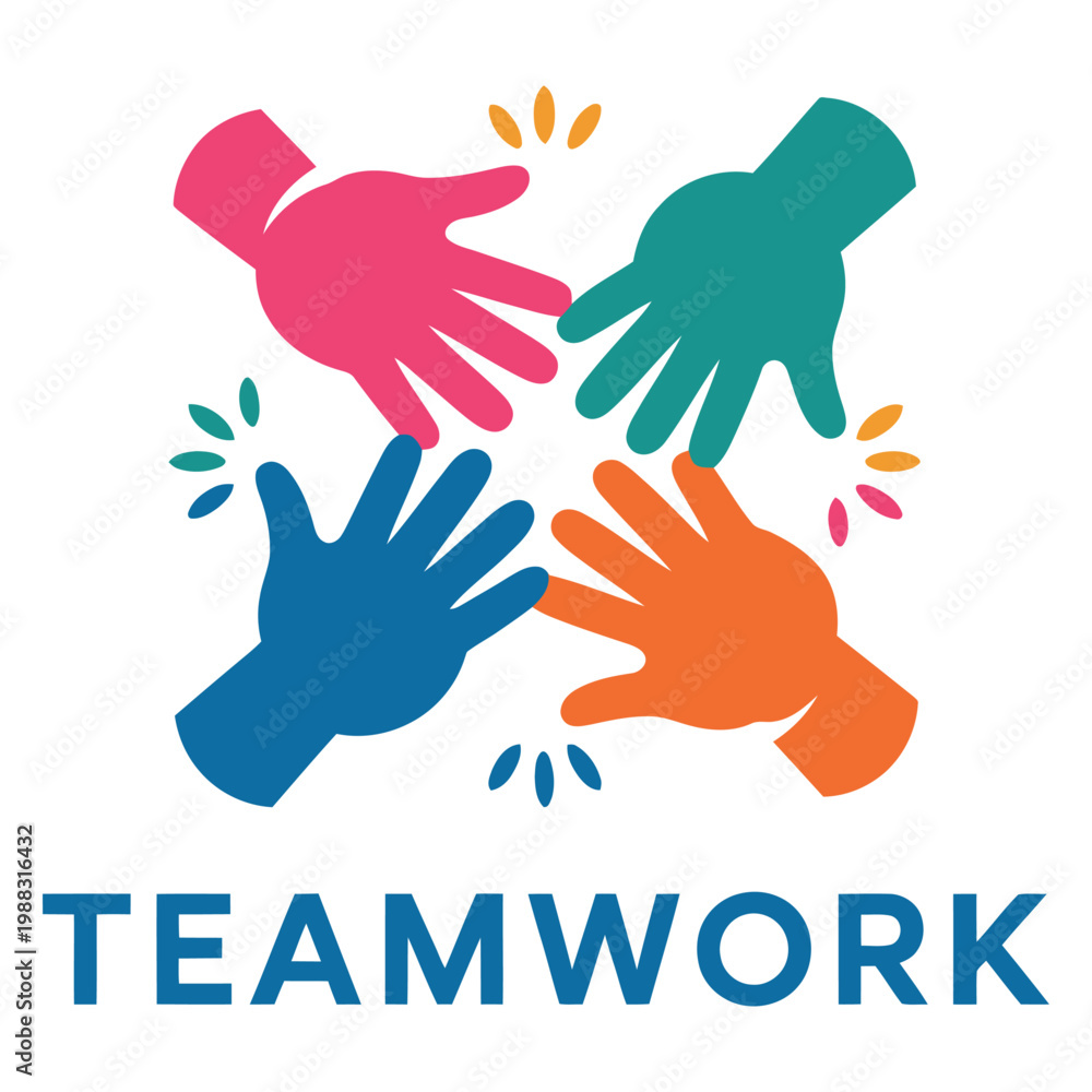 Obraz premium Colorful vector teamwork with four hands reaching out in a circle.