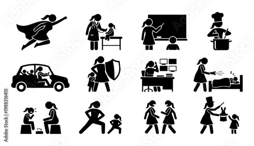 Motherhood Roles Silhouettes – Mom as Superhero, Teacher, Doctor, Multitasking Icons
