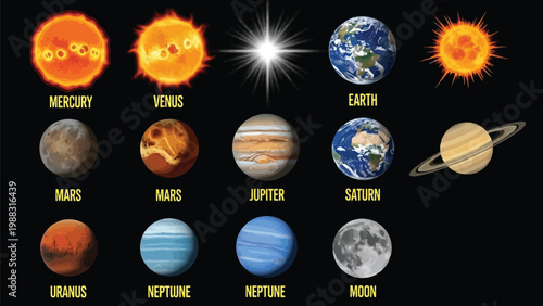 Illustrated depiction of celestial bodies in our solar system and beyond Vector