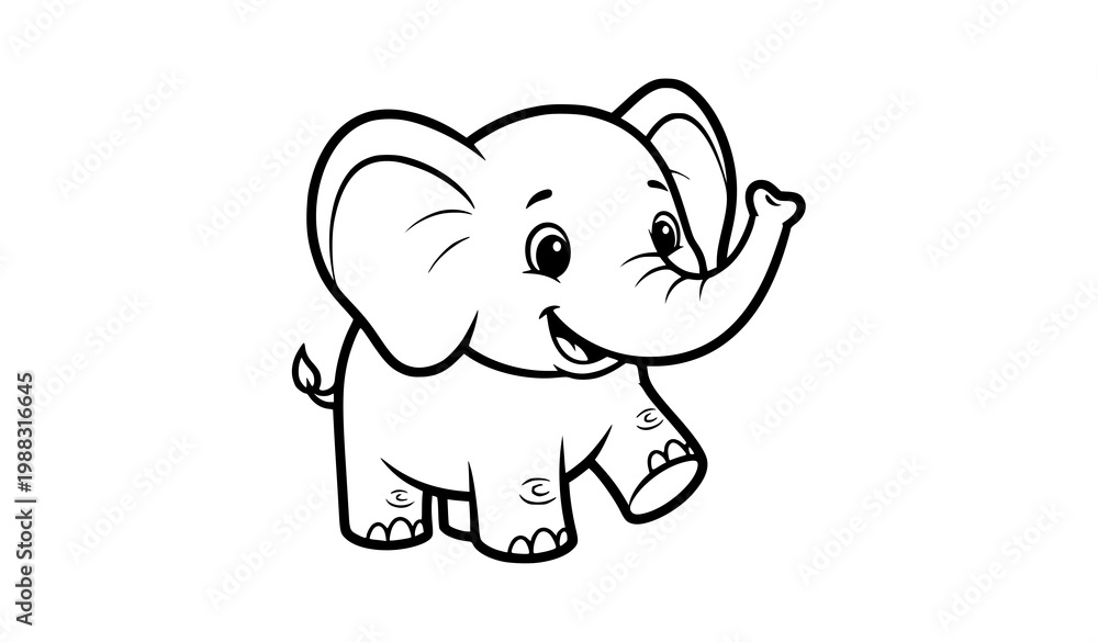 Fototapeta premium Cute cartoon elephant coloring page black and white outline vector illustration for kids