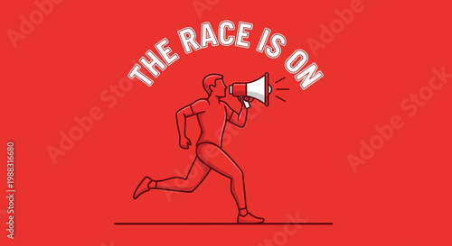 Runner Announcing The Race Start with Megaphone on Striking Red Background or Color