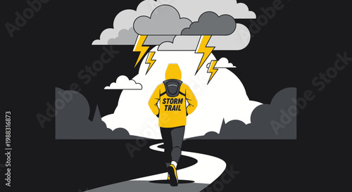 Runner braves a dramatic thunderstorm on a winding path