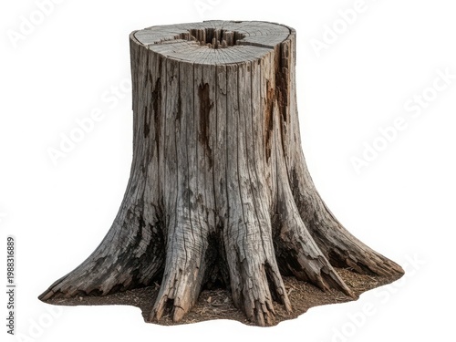 An old, weathered tree stump standing alone against a white background.
