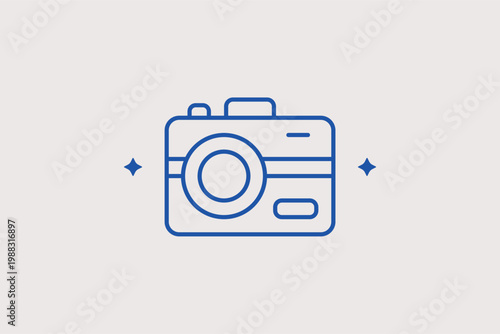 Photo camera with flash line icon for digital photography and professional studio services. Modern Vector Illustration for media production branding and social media gallery pages.