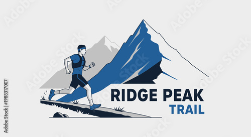 Runner Ascending Slope on Mountain Trail with Ridge Peak Trail Label in View