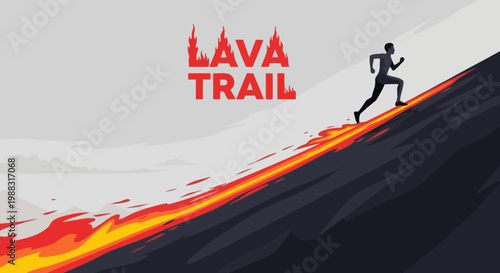 Runner Ascending Volcanic Lava Trail: Energetic Pursuit of Fiery Ascent Against Misty Background