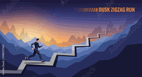 Runner Ascending Zigzag Path Against Dusk Horizon, Achieving Goals and Personal Best