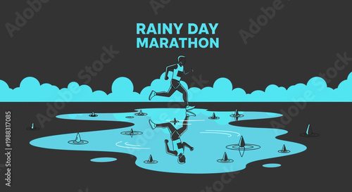 Runner Conquers Puddle Reflecting Illustration of a Rainy Marathon Day Design
