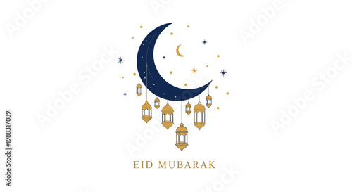 Eid Mubarak Crescent Moon and Lanterns with Stars