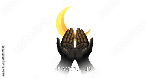 Praying Hands Reaching for Crescent Moon with Halo