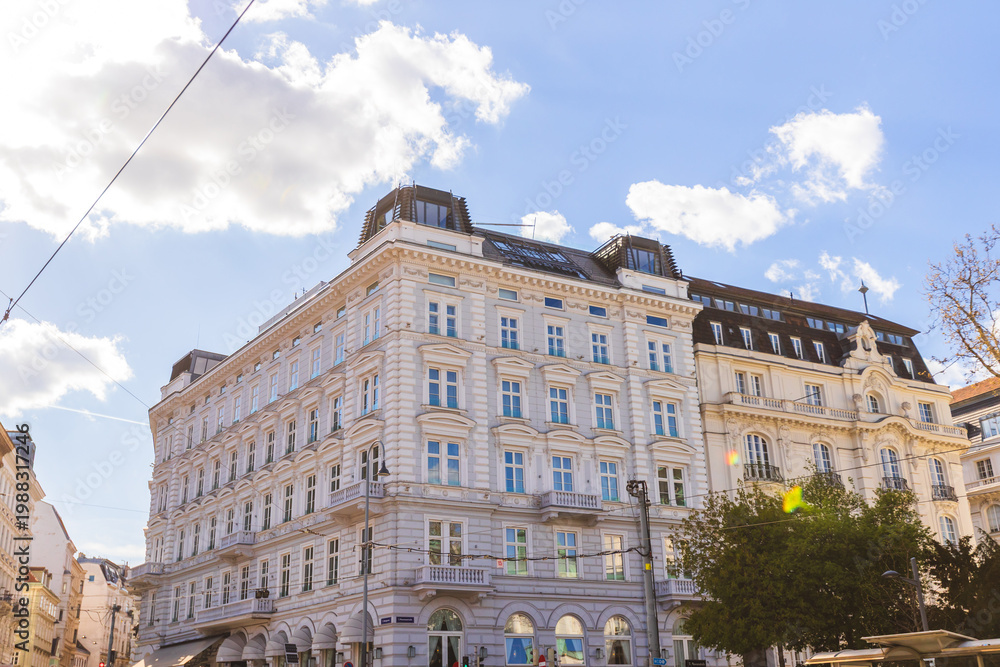 Fototapeta premium Historic residential apartment building facade in central Vienna Austria.