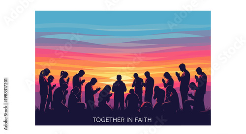 Diverse Group Praying Together During Sunset