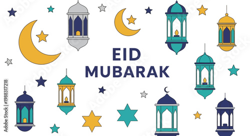 Eid Mubarak Greeting With Crescent Moon and Lanterns Pattern