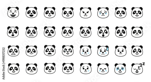 Big Collection of Panda Face Emoticons with Various Facial Expressions and Moods