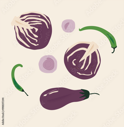 Vegetables: red cabbage, green pepper, onion