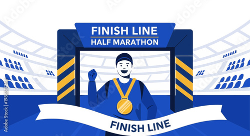 Runner Celebrating Marathon Success at Finish Line Reaching a New Personal Achievement