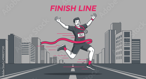 Runner Celebrating Marathon Finish Line Victory In Front Of City Buildings