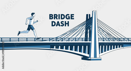 Runner Crossing Bridge During a Race, Minimalist Artwork Of Blue and White Color