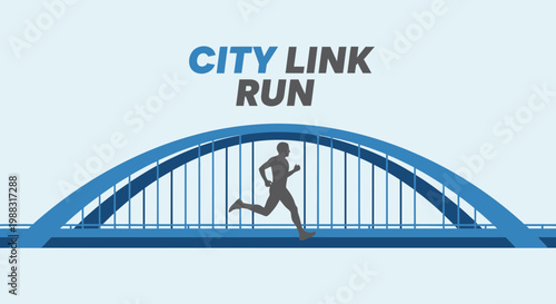 Runner Crossing Bridge During City Marathon Event Illustration on a Light Tone Background