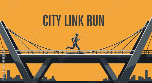 Runner Crossing Bridge During City Run, Against Orange Background, Energetic, Vector Illustration