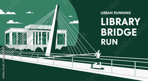 Runner Crossing Bridge Silhouette In A City Environment Fitness Lifestyle Exercise Illustration