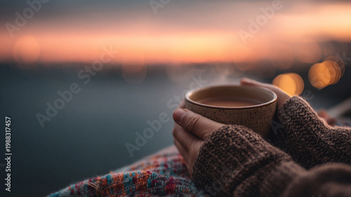 Hands holding warm drink against sunset sky. - cozy evening mood.