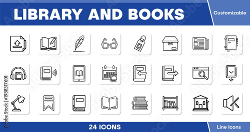 Library and Books Vector Icons Set, 24 Customizable Line Icons for Education and Knowledge, Reading and Learning Digital Resources
