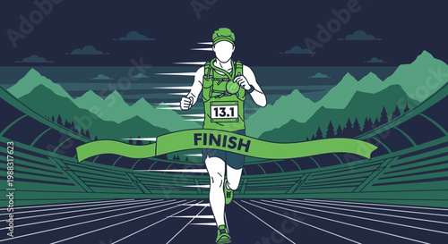 Runner Completes A Half Marathon Race, Reaching The Finish Line Victory Celebration