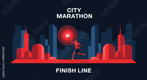 Runner Completes City Marathon, Reaching Finish Line Visualization against Cityscape Background