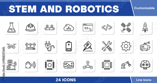 STEM and Robotics line icons, a customizable vector set of 24 technology and science symbols. Modern engineering and educational resource for digital design, apps, and presentations.