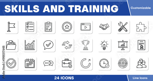 Skills and Training 24 Line Icons Set, professional development and education vector collection, customizable outline symbols for business, learning, and career growth.