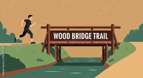 Runner Crossing Wooden Bridge Path in Illustration Represents Lifestyle And Exercise